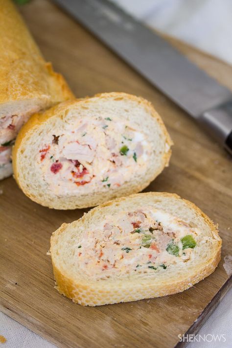 Cheesy chicken and vegetable stuffed baguette – SheKnows Baguette Appetizer, Stuffed Baguette, French Appetizers, Baguette Recipe, Sandwich Ideas, Light Appetizers, Cornish Hens, Snack Prep, Tea Snacks