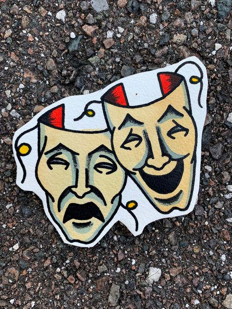 American Traditional Theater Mask Tattoo, American Traditional Mask Tattoo, American Trad Forearm Tattoo, Face Card Tattoo, American Traditional Jester Tattoo, Clown Flash Sheet, Theater Masks Tattoo, American Vintage Tattoo, Traditional Tattoos Neck