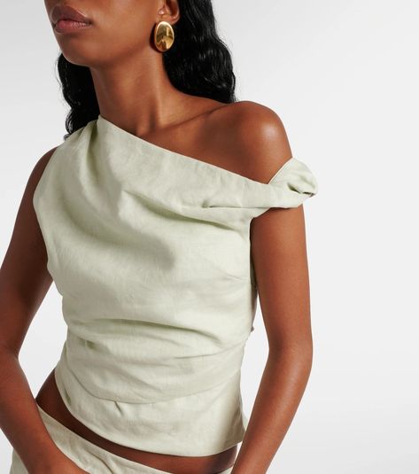 Iris one-shoulder linen top in green - SIR | Mytheresa Sir The Label, Linen Crop Top, Cuffed Top, Twist Top, Outfit Goals, Basic Tops, Asymmetrical Hem, Linen Top, White Crop Top