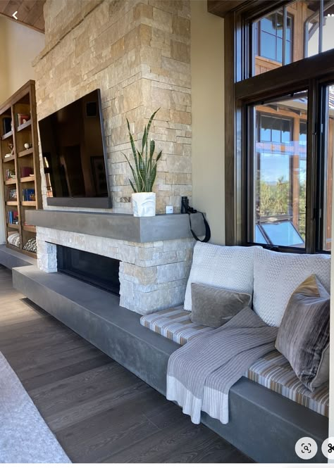 Open Hearth Fireplace Modern, Sitting Hearth Fireplace, Fireplace With Extended Hearth, Fireplaces With Hearth Seating, Long Hearth Fireplace, Fireplace With Long Hearth, Fireplace Hearth Seating Ideas, Fireplace Concrete Hearth, Bench Under Fireplace