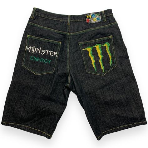 Monster Energy Jorts Size 38 Baggy monster energy... - Depop Monster Energy Outfit, Monster Energy Clothing, Monster Clothes, Embroidered Denim Shorts, Silly Clothes, Guys Clothing Styles, Monster Energy, Embroidered Denim, Swaggy Outfits