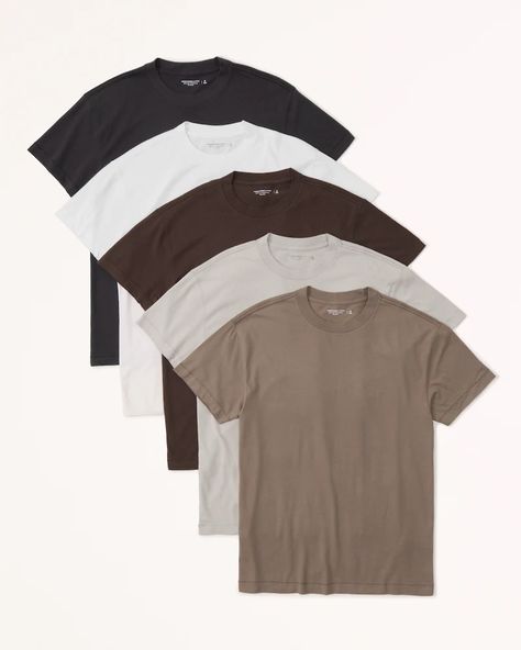 Men's 5-Pack Essential Tee | Men's | Abercrombie.com Men’s Casual Capsule Wardrobe, Mens School Outfits Casual, Mens Fitted T Shirts, Mens Summer Clothes Casual, Men’s Athleisure Style, Brown Tops Outfit, Mens Amazon Fashion, Men’s Shirts, Basic Tee Outfit