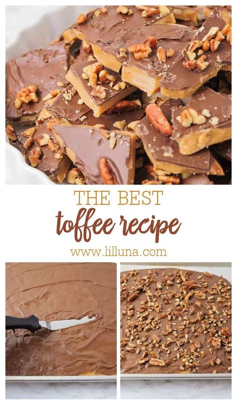 This classic Toffee Recipe is the perfect homemade treat. With crunchy pecans and chocolate, it's simply delicious! #toffee #homemadetoffee #toffeerecipe #homemadecandy #candy Old Fashioned Toffee Recipe, Toffee Dessert Recipes, Easy Toffee Recipe, The Best Toffee Recipe, Homemade Toffee Recipe, Toffee Dessert, Soft Toffee, Easy Toffee, Candy Fudge