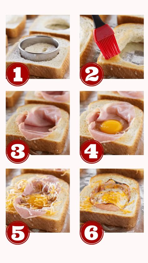 Sheet Pan Ham, Eggs In A Hole, Eggs In Bread, Practically Homemade, Egg In A Hole, Ham Breakfast, Cheesy Ham, Cheesy Eggs, Ham And Eggs