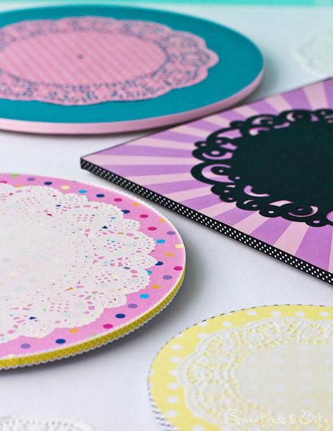 Cute Doily Cake Boards {Tutorial} - Sweetness & Bite Cake Board Diy, Cake Boards Diy How To Make, Diy Full Sheet Cake Board, Cake Base Board Craft, Cake Board Craft Ideas, Diy Cake Board, Cake Board Decoration, How To Make Doilies Stiff, Doll Cake Pan