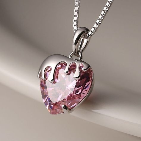 s925 Sterling Silver Strawberry Crystal Love Collarbone Chain Necklace Light LuxuryHeart Necklace Jewelry Strawberry Crystal, Pink Heart Necklace, Pink Zircon, Crystal Heart Necklace, Heart Shaped Pendant Necklace, Crystal Heart Pendant, Pink Necklace, Crystal Necklace Pendant, Jewelry Inspo