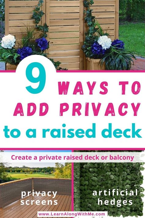 Outdoor privacy ideas for a raised deck or balcony such as privacy screen that attach to your existing railing, artificial hedge rolls that attach to your existing railing, and wooden privacy screens built in with planter boxes. Outdoor Privacy Ideas, Privacy Fence Deck, Privacy Screen Outdoor Deck, Privacy Deck, Privacy Wall On Deck, Deck Privacy Panels, Porch Privacy, Privacy Fence Ideas, Privacy Screen Deck