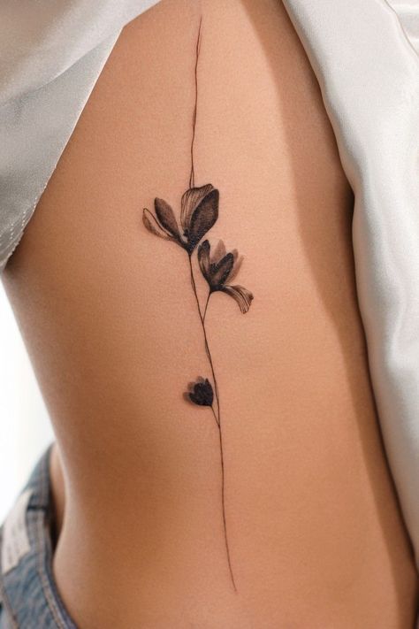 Flowers Back Of Arm Tattoo, Romantic Style Tattoo, Flower That Represents Strength, Tattoos That Represent Femininity, Poppy Spine Tattoos For Women, Botanical Tattoo Fine Line, Ink Brush Tattoo, Womens Fine Line Tattoo, Abstract Rib Tattoo