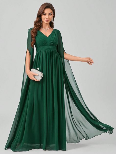 SHEIN LUNE Pleated V-Neck Floor-Length Chiffon Evening Dress With Draping SleevesI discovered amazing products on SHEIN.com, come check them out! Floor Length Sleeves, Green Wedding Guest Dresses, Dress With Draping, Ripped Tights, Latest Bridesmaid Dresses, Olive Green Weddings, Long Sleeve Bridesmaid Dress, Chiffon Evening Dresses, Drape Sleeves