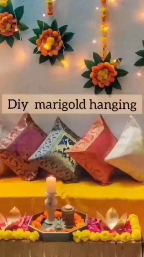 DIY marigold hanging for your at home haldi setup! | Diy wedding decorations, Flower decorations diy, Flower decorations Onam Decor Home, Flower Decoration Ideas For Pooja, Decorating Ideas For Pooja At Home, House Decoration For Onam, Teej Festival Decoration Ideas At Home, Decorating Ideas For Ganesh Festival, Haldi Decoration Ideas Backdrops At Home, Janmashtami Flower Decoration, Haldi Ceremony Decorations Ideas