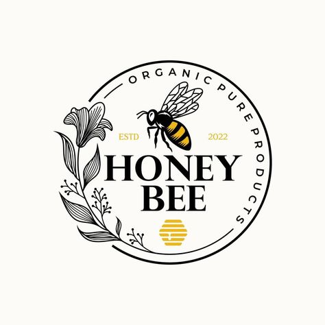 Hand Drawn Honey Bee with Flowers Logo Inspirations Vector illustration Bumble Bee Cartoon, Honey Bee Flowers, Honey Labels, Bee Sketch, Logo Bee, Flowers Logo, Bee Icon, Honey Logo, Honey Label