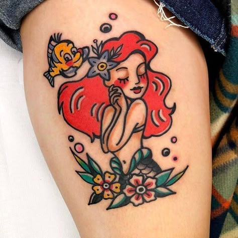 Ariel Tattoo, Disney Sleeve, Kunst Tattoos, Arm Temporary Tattoos, Traditional Sleeve, Flower Tattoo Arm, True Tattoo, Tatuaje A Color, Mermaid Tattoo