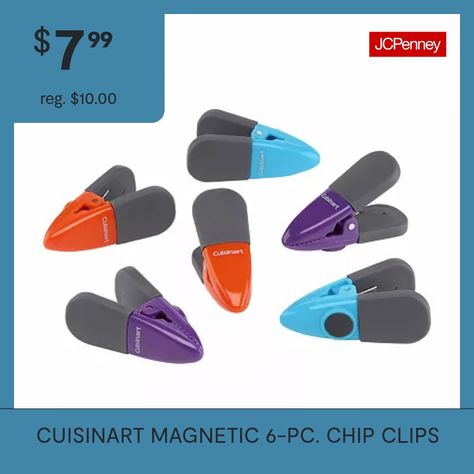 The Cuisinart Set of 6 Chip Clips keeps air out of open bags of chips, pasta, rice, and more. Magnetic backs make clips great for posting notes or hanging kid's artwork. Food stays fresh longerMagnetic backing on each clipEasy lever handle to open clipClean with a dampened cloth.Lifetime Warranty# Pieces In Set: 6Measurements: 7.75 Height/Inches, 1.25 Length/Inches, 5.25 Width/InchesCare: Wipe CleanCountry of Origin: Imported Hanging Kids Artwork, Food Storage Accessories, Chip Clips, Storage Accessories, Kids Artwork, Chip Bags, Pasta Rice, Lever Handle, Food Storage