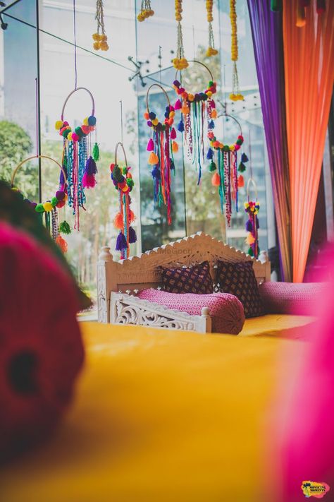 Photo of Pom-pom dreamcatchers in decor. Navratri Decoration Ideas For Home, Navratri Decor, Navratri Decoration, Photobooth Ideas, Mehendi Decor Ideas, Goa Wedding, Mehendi Decor, Wedding Decors, Wedding Home Decoration