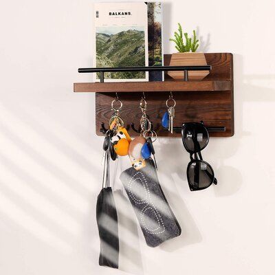 Versatile Storage Key Hanger - Wall mounted Key Holder can aid you to make full use of wall space, avoiding confusion and loss. One small floating shelf to store your mails, bills, letters, newspaper, magazines, wallets, accessories, small plants and more; 2 metal double hooks and 3 single hooks for hanging your keys, umbrella, coat & hat, dog leash, and so on. There is also an area for placing sunglasses in the lower-left corner. | Commission Key Holder For Wall Decorative w/ 5 Key Hooks, W Letters Newspaper, Small Floating Shelf, Mudroom Hallway, Decor For Entryway, Mail Organizer Wall, Wall Mounted Key Holder, Mail And Key Holder, Entryway Mudroom, Hallway Office