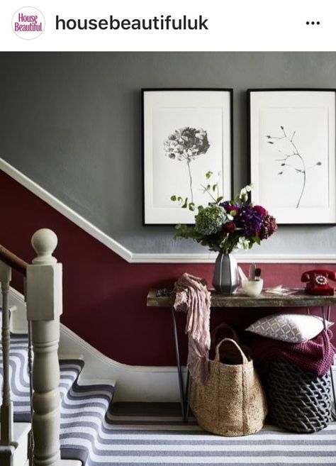 Burgundy and Grey Hall | #BurgundyHall | #GreyHall Grey Painted Walls, Half Painted Walls, Burgundy Living Room, Grey Hallway, Hallway Ideas Entrance Interior Design, Hallway Ideas Colour, Wall Paint Colors, Style Inspiration Winter, Carpet Stairs