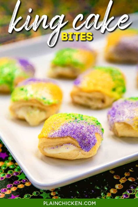 King Cake Recipe Cream Cheese, Easy King Cake, Mardi Gras Desserts, King Cake Bites, King Cake Recipe, Cream Cheese Appetizer, Kek Lapis, Mardi Gras King Cake, Mardi Gras Food