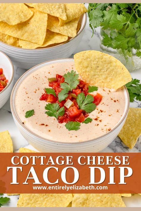 Creamy 3-ingredient Cottage Cheese Taco Dip ready in 5 minutes! Protein-packed, no-bake appetizer perfect for hot days. Serve with chips or veggies for a crowd-pleasing snack. Buffalo Dip With Cottage Cheese, Hot Cottage Cheese Dip, Cottage Cheese Greek Yogurt Dip, Cottage Cheese Rotel Taco Seasoning, Mexican Cottage Cheese Dip, Chip Dip With Cottage Cheese, Cottage Cheese And Rotel Dip, Best Dip For Tortilla Chips, Low Cholesterol Dip Recipes