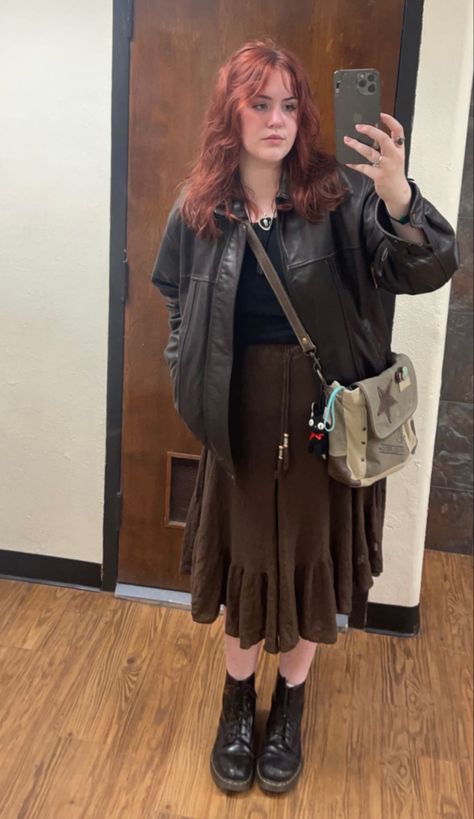 Jacket And Long Skirt Outfit, Midi Skirt And Jacket Outfit, Long Skirt And Jacket Outfit, Long Skirt With Leather Jacket, Brown Leather Jacket With Dress, Leather Jacket Outfit Long Skirt, Long Skirt And Leather Jacket, Brown Skirt Fall Outfit, Brown Denim Skirt Outfit