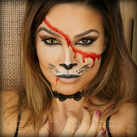 Evil Cat Makeup, Zombie Cat Makeup, Scary Cat Makeup Halloween, Cat Halloween Makeup For Women, Halloween Cat Face Paint, Cat Face Makeup Halloween, Coelho Halloween, Scary Cat Makeup, Cat Make Up For Halloween