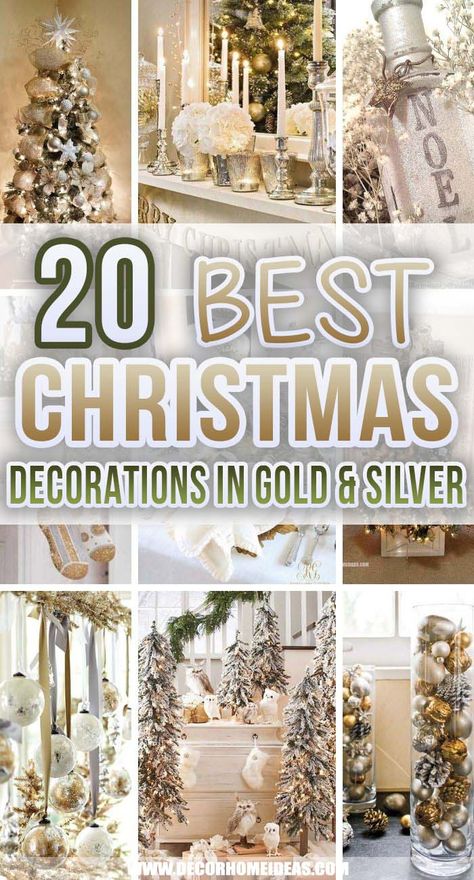 Gold Silver And White Christmas Tree Decor, Silver Gold Flocked Christmas Tree, Silver And Gold Mantel Christmas Decor, Grey And Gold Christmas Decor, Diy Elegant Christmas Decorations, Silver White Gold Christmas Decor, White Silver And Gold Christmas Tree Ornaments, Silver And Gold Outdoor Christmas Decor, Christmas Gold And Silver Decorations