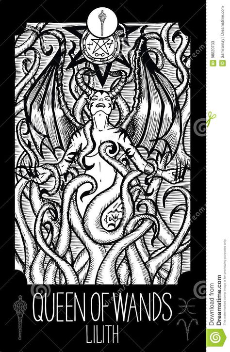 Queen of wands. Lilith stock vector. Illustration of horror - 88820733 Queen Of Wands Tarot, Fantasy Line Art, Queen Of Wands, Tarot Design, Wands Tarot, Arcana Tarot, Line Art Illustration, Minor Arcana, Vector Drawing