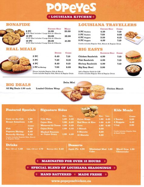 Popeyes Menu, La Kitchen, Popeyes Louisiana Kitchen, Louisiana Kitchen, American Dinner, Diy Menu, Fish Sandwich, Food Facts, Chicken Sandwich