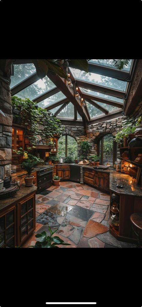 Greenhouse Kitchen Ideas, Kitchen With Greenhouse, Glass Roof Kitchen, Green House Kitchen, Greenhouse Dining Room, Kitchen Greenhouse, Rustic Outdoor Spaces, Greenhouse Kitchen, Conservatory Kitchen