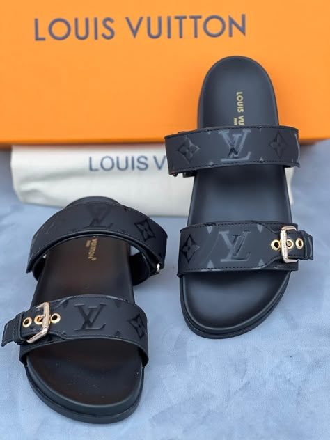 Lv Sandals Women, Louis Vuitton Shoes Slides, Lv Sandals, Louis Vuitton Sandals 2022, Luxury Black Sandals With Gold Buckle, Customize Shoes, Designer Slides, Louie Vuitton, Pretty Sandals