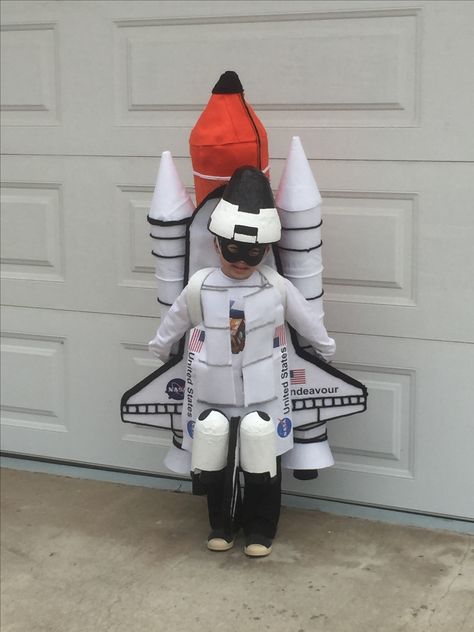 Space Shuttle Halloween Costume #spaceshuttle #endeavor Rocket Ship Costume Diy, Space Shuttle Costume, Rocketship Costume, Space Fancy Dress, Astronaut Fancy Dress, Astronaut Dress, Rocket Costume, Fancy Dress Costumes Kids, Recycled Costumes