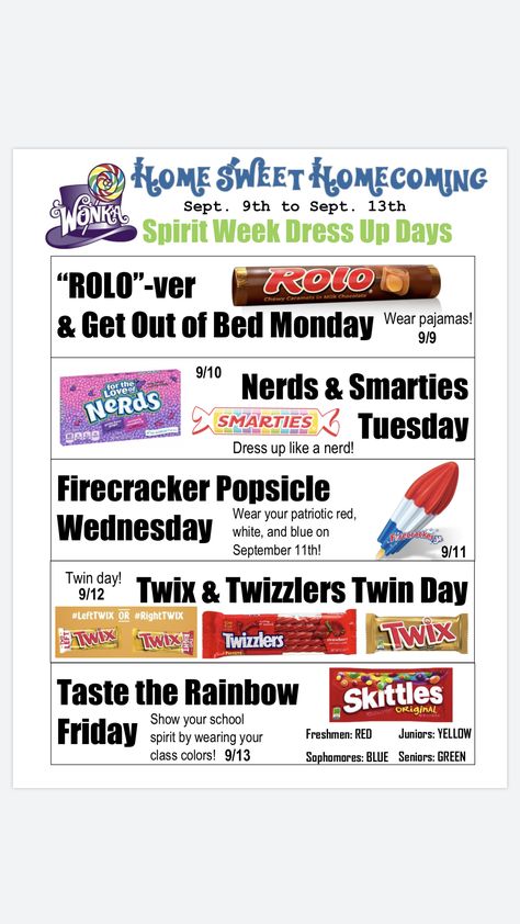 These were our 2019 Grand Terrace High School “Home Sweet Homecoming” Spirit Week Dress Up Days leading up to our Homecoming Rally. YouTube: GTHS News Homecoming Candyland Spirit Week Ideas, Homecoming Week Themes Days High School, Candyland Spirit Week, Spirit Dress Up Days For School, High School Homecoming Ideas, Elementary Homecoming Ideas, We Got The Beat Spirit Week, Homecoming Dress Up Days Ideas, Homecoming Week Activities