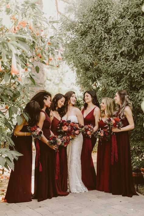 Ranunculus Garden, Wine Red Wedding, Wine Bridesmaid Dresses, Camarillo California, Elegant Fall Wedding, Blackberry Wine, Chocolate Cosmos, Red Wedding Theme, Wedding Colors Purple