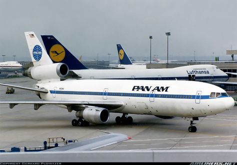 Pan American World Airways McDonnell Douglas DC-10-30 N80NA "Clipper Star of the Union" taxiing to the gate during the morning rush at Frankfurt-Main, August 1981. (Photo: Gerhard Plomitzer) Pan American Airlines, Pan American Airways, Douglas Aircraft, Airplane Photography, Passenger Aircraft, Dc 10, Busy Morning, Vintage Airlines, Find Cheap Flights