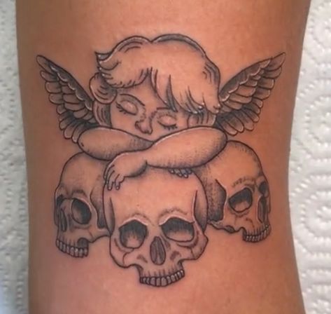 Angel Cherub Tattoo, Skulls Aesthetic, Cherub Tattoo Designs, Angel Tattoo For Women, Arm Tattoos Drawing, Tattoo Fine Line, Cupid Tattoo, Tattoo Angel, Feminine Skull Tattoos