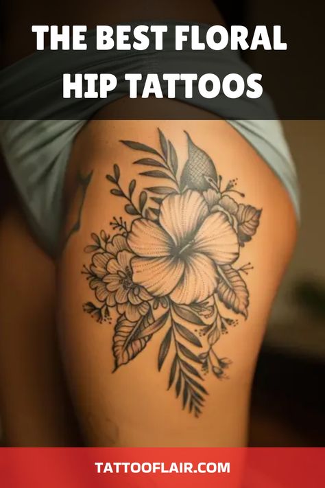 Floral hip tattoos are a beautiful way to showcase your love for nature. These designs offer elegance and femininity, making them perfect for anyone looking to add a touch of beauty to their body art. Whether you prefer bold colors or delicate black and grey designs, there’s a floral hip tattoo for everyone. In this article, we’ll explore a variety of stunning floral hip tattoo ideas to inspire your next piece. Colorful Wildflower Hip Tattoo This tattoo features a vibrant bouquet of wildflowers Women's Hip Tattoos, Hibiscus Hip Tattoos Women, Tropical Leg Tattoo, Tropical Back Tattoo, Hibiscus Thigh Tattoo, Hip Tattoo Placement For Women, Hip Tattoo Cover Up Ideas, Unique Hip Tattoos, Feminine Hip Tattoos