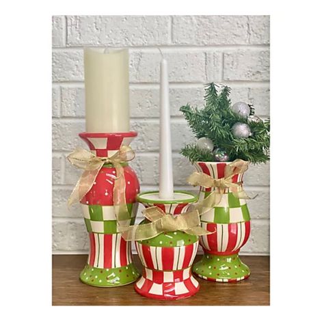 Brand New! Includes Three Reversible Candle Holders Holds Pillar Or Taper Candle On One End; Other End Functions As A Vase. Removable Bows. Approximate Measurements: Small 6.5"H X 4"Diam; Medium 8.5"H X 4"Diam; Large 10"H X 4"Diam. Smoke And Pet Free Home. Christmas Candle Holder Ideas, Christmas Candle Sticks, Painted Wooden Candle Holders, Easy Holiday Decorations, Christmas Candlesticks, Painted Candlesticks, Snowman Christmas Decorations, Christmas Candle Holders, Painted Candles