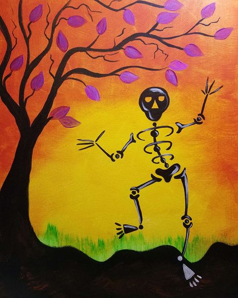 On a late Halloween night, this skeleton comes to dance beneath an autumn sky. It’s dark in here! Paint under black lights to create a masterpiece that looks great in the light and glows in the dark. Spooky Silhouettes, Painting Ideas 2023, Group Challenges, Holiday Paintings, Halloween Canvas Paintings, Silk Painting Techniques, Fall Paintings, Easy Acrylic Painting Ideas, Tiny Paintings