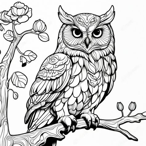 Check out this stunning black and white drawing of an owl perched on a branch with flower buds. The intricate details and shading make it a beautiful piece of artwork. 🦉🌸 #owl #drawing #blackandwhite #artwork Owl Design Drawing, Owl Line Drawing, Aura Paintings, Owl Line Art, Drawing Of An Owl, Owls In Flight, Owl Drawings, Patterns Drawing, Owl Drawing