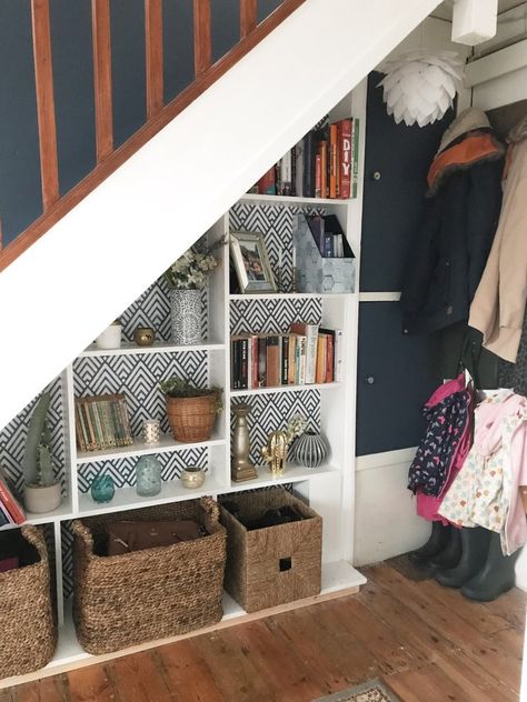 premaid cabinets stacked and trimmed to fit. These are recessed so doesn't need custom work. Under The Stairs Storage, Under Stairs Nook, Room Under Stairs, Stairs Makeover Ideas, Space Under Stairs, Stair Nook, تحت الدرج, Stairs Renovation, Open Trap