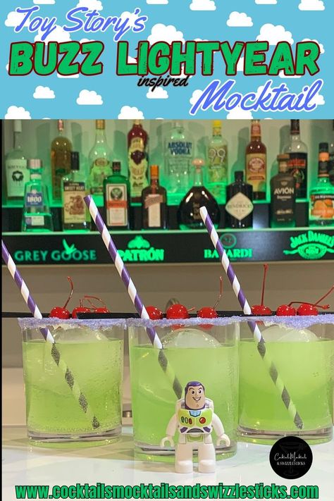 This image shows three green mocktails with purple rim and red cherry garnish with a purple striped straw and a mini Buzz in front of them. Two Infinity And Beyond Party, Disney Movie Night Dinner, Movie Night Dinner, Mocktail Drinks, Disney Movie Night, Space Ranger, Toy Story Theme, Toy Story Buzz Lightyear, Toy Story Buzz