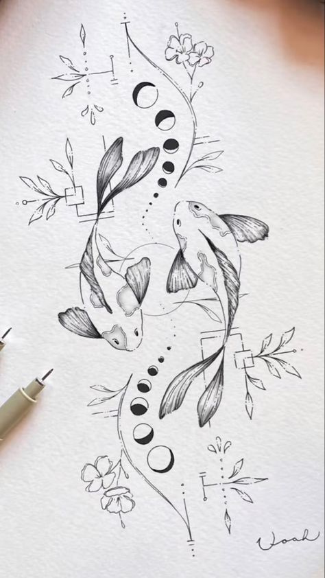 Chest And Back Tattoo, Pisces Tattoos, Zodiac Tattoos, Spine Tattoo, Diary Ideas, Spine Tattoos, Tattoo Flash Art, Flash Art, Art Inspiration Painting