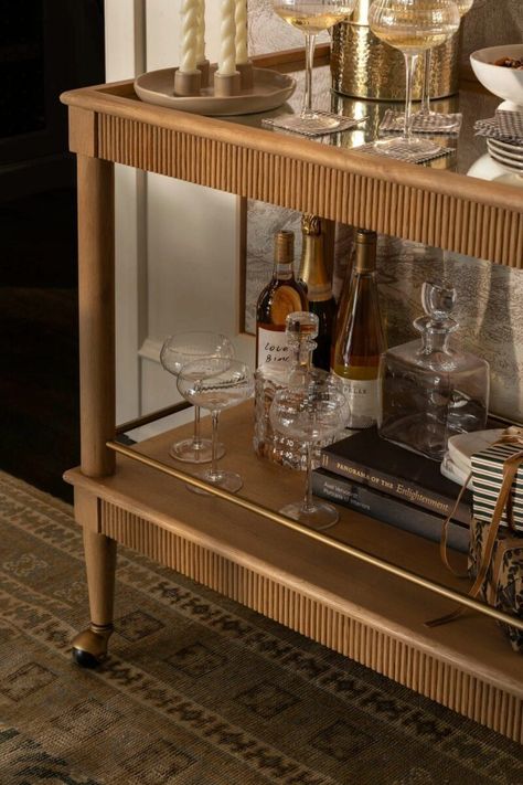 Get the Most Gorgeous Holiday Bar Cart with Shea McGee's Styling Tips Styling A Bar Cart, Bar Cabinet Styling, Decorate A Bar Cart, Bar Cart Inspo, Bar Cart Inspiration, Wooden Bar Cart, Holiday Bar Cart, Shea Mcgee, Holiday Bar