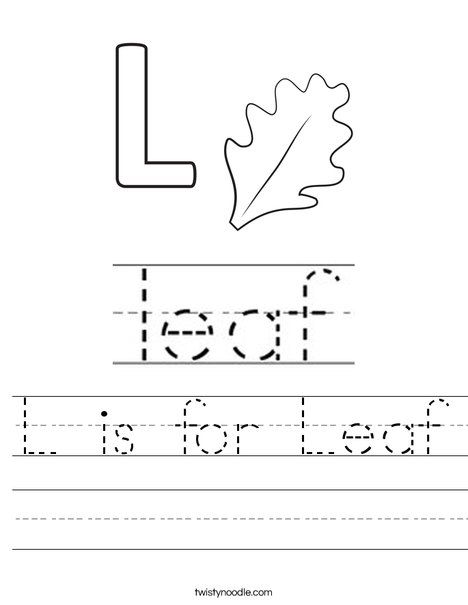 L is for Leaf Worksheet - Twisty Noodle Leaf Worksheet, L Is For Leaf, Letter L Worksheets, Easter Writing, Transportation Worksheet, Handwriting Sheets, Twisty Noodle, Spring Writing, Halloween Kindergarten