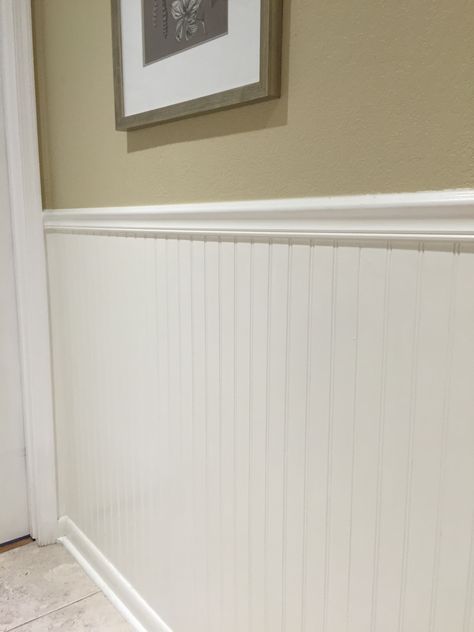 Painted Beadboard Walls Living Room, White Half Wall Paneling, Half Wood Panel Walls Nursery, Vj Panelling Half Wall, Vj Panelling Hallway Half Wall, Beadboard Half Wall With Shelf, Half Paneled Walls, Half Wall Wood Paneling, Half Wall Wood Paneling Makeover