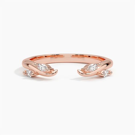 Willow Diamond Open Wedding Ring - 14K Rose Gold. This delicately curved wedding band features marquise-shaped diamonds nestled within a beautifully sculpted metal vine and an edgy gap in the middle, creating a chic open ring design (1/8 total carat weight). Rose Gold Open Band Diamond Ring, Rose Gold Open Band Diamond Promise Ring, Elegant Rose Gold Open Band Wedding Ring, Rose Gold Diamond Jewelry With Open Band, Rose Gold Diamond Open Band Jewelry, Open Wedding Band, Custom Wedding Band, Wedding Anniversary Rings, Curved Wedding Band