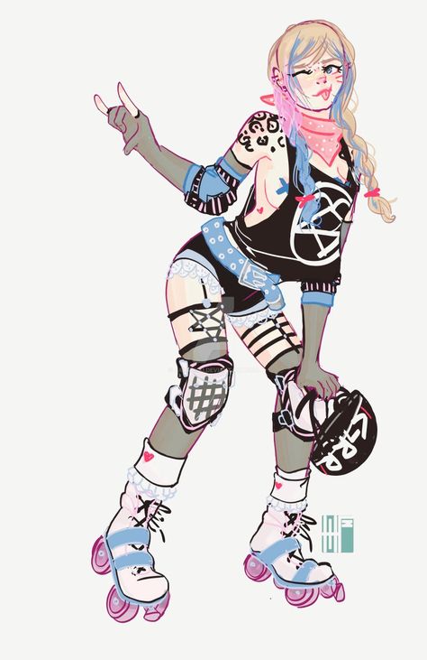 Roller Skates Character Design, Roller Skater Character Design, Draw Roller Skates, Roller Blades Drawing, Roller Derby Outfits, Roller Skates Drawing, Roller Skating Art, Skate Wallpaper, Roller Derby Art