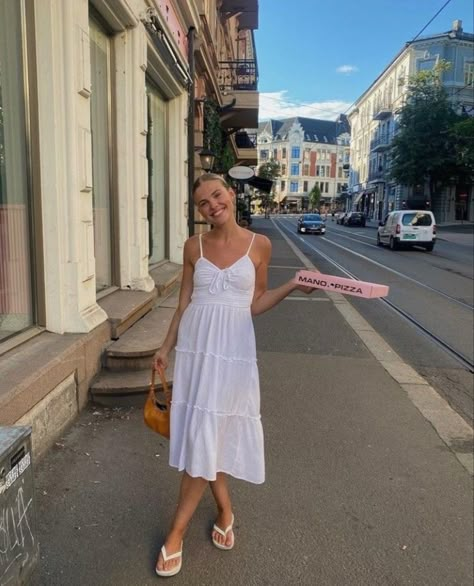 White Midi Dress Summer, Europe Spring Aesthetic, Italian Summer Wardrobe, European Summer Clothes, Summer Dc Outfit, Summer In Europe Aesthetic Outfits, Interrailing Europe Outfits, Euro Summer Dress, European Summer Outfits Aesthetic