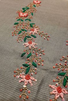 Thread Handwork Blouse Designs, Sequence Beads Work Embroidery, Sequence Hand Embroidery Designs, Aari Sequence Work In Blouse, Hand Embroidery Beads Work, Beaded Flower Embroidery, Kurti Embroidery Design Hand Work, Thread Work Embroidery Suits, Hand Bead Embroidery Designs