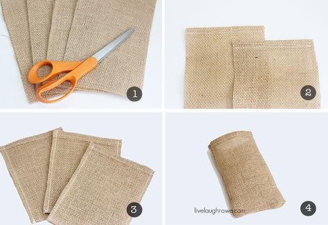 four easy steps to make a burlap bag Diy Burlap Bags, Halloween Treat Bags Diy, Burlap Placemats, Burlap Halloween, Christmas Tree Stencil, Diy Halloween Treats, Coffee Favors, Halloween Gift Baskets, Burlap Gift Bags