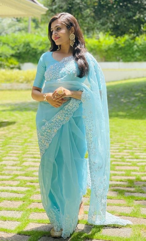 Sky Blue Organza Saree, Baptism Saree, Saree Farewell, Saree Net, Partywear Sarees, Embroidery Sarees, Lehenga Saree Design, Simple Saree Designs, Stylish Actresses